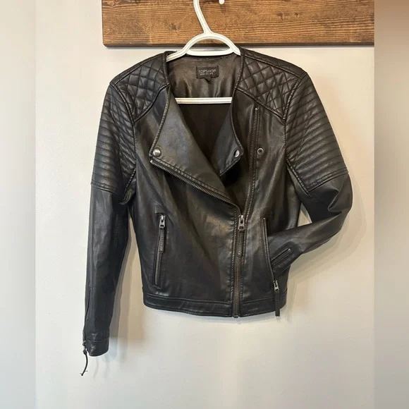 Topshop Women's Black Leather Biker Jacket size Small - Picture 3 of 10